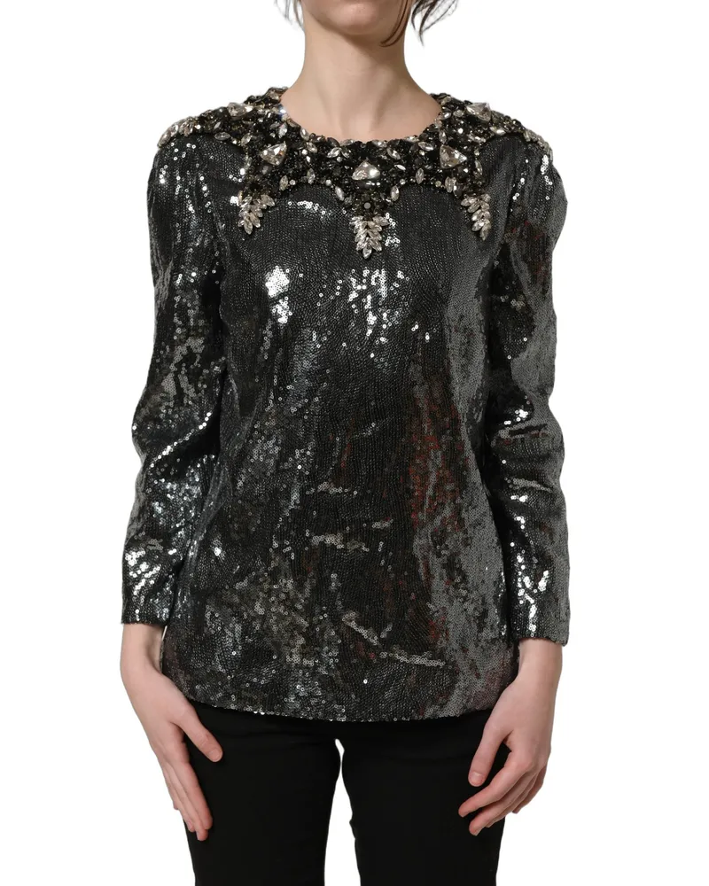 Dolce & Gabbana Women's Metallic Gray Sequin Embellished Blouse Top Polyester Glass Nylon Gray