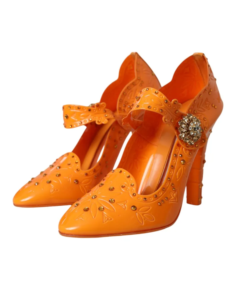 Dolce & Gabbana Women's Orange Cinderella Floral Crystal Pumps Shoes Pvc Orange