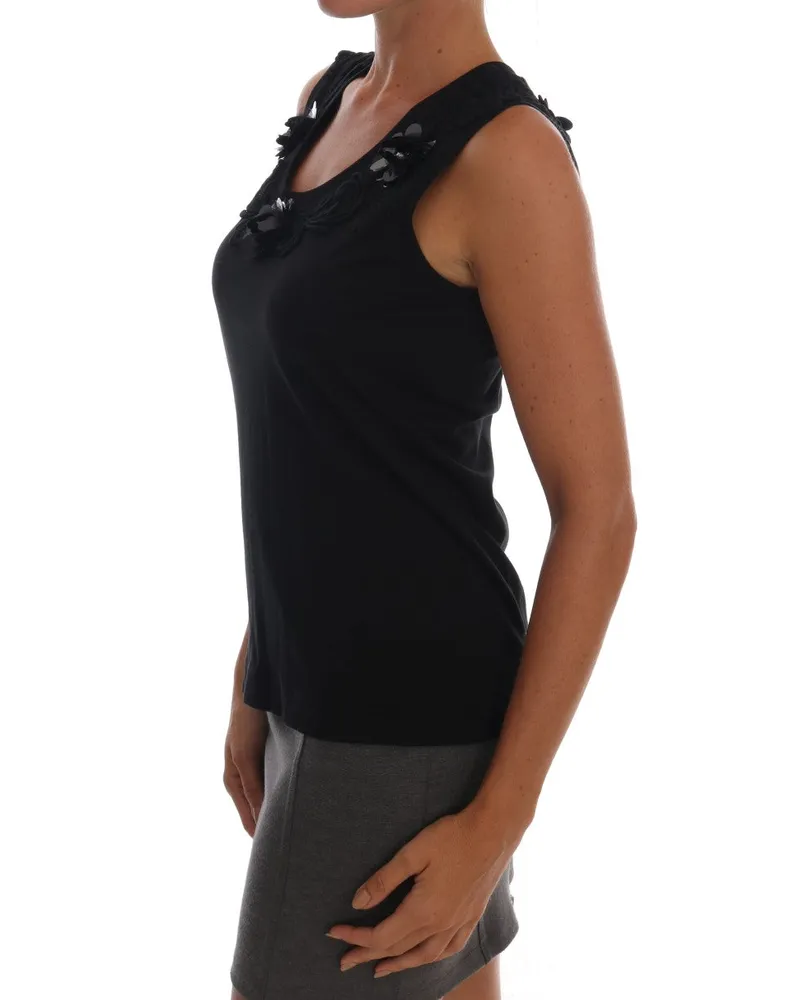 Dolce & Gabbana Women Black Cotton Floral Crystal Tank Top Black