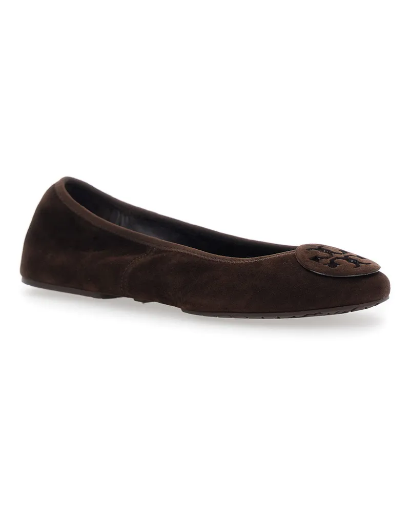 Tory Burch Women's Brown Suede Ballerinas With Logo Plaque Ovine Ballerina Shoes Brown