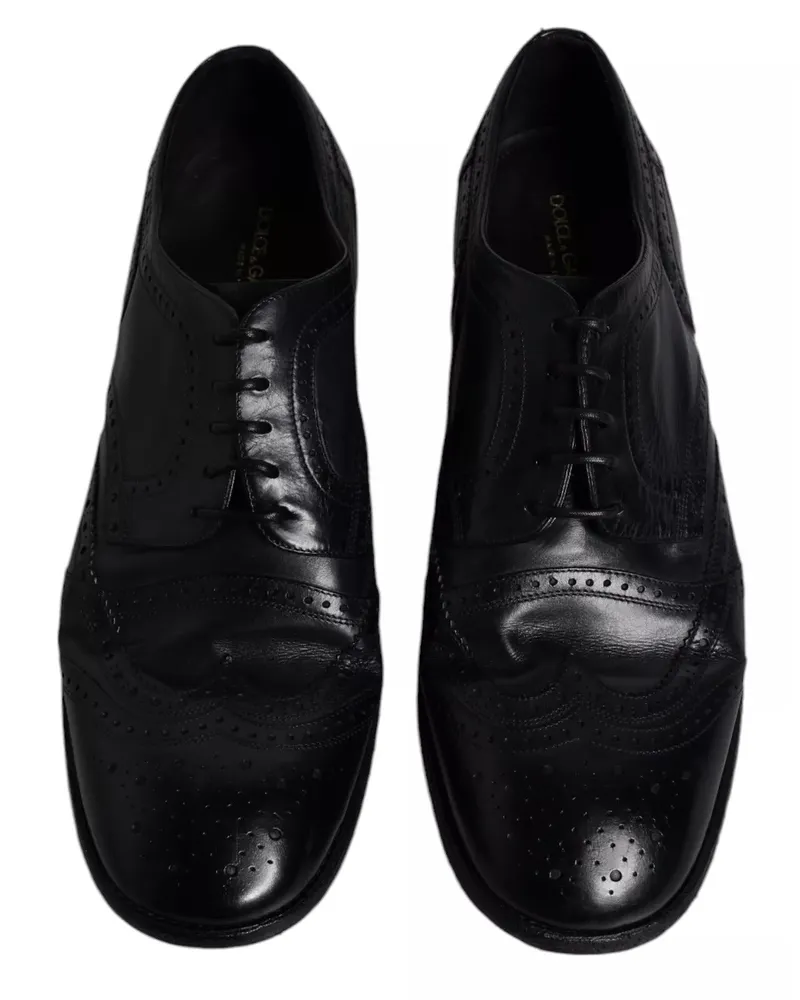 Dolce & Gabbana Men's Dark Blue Leather Derby Wingtip Formal Shoes Calfskin Black