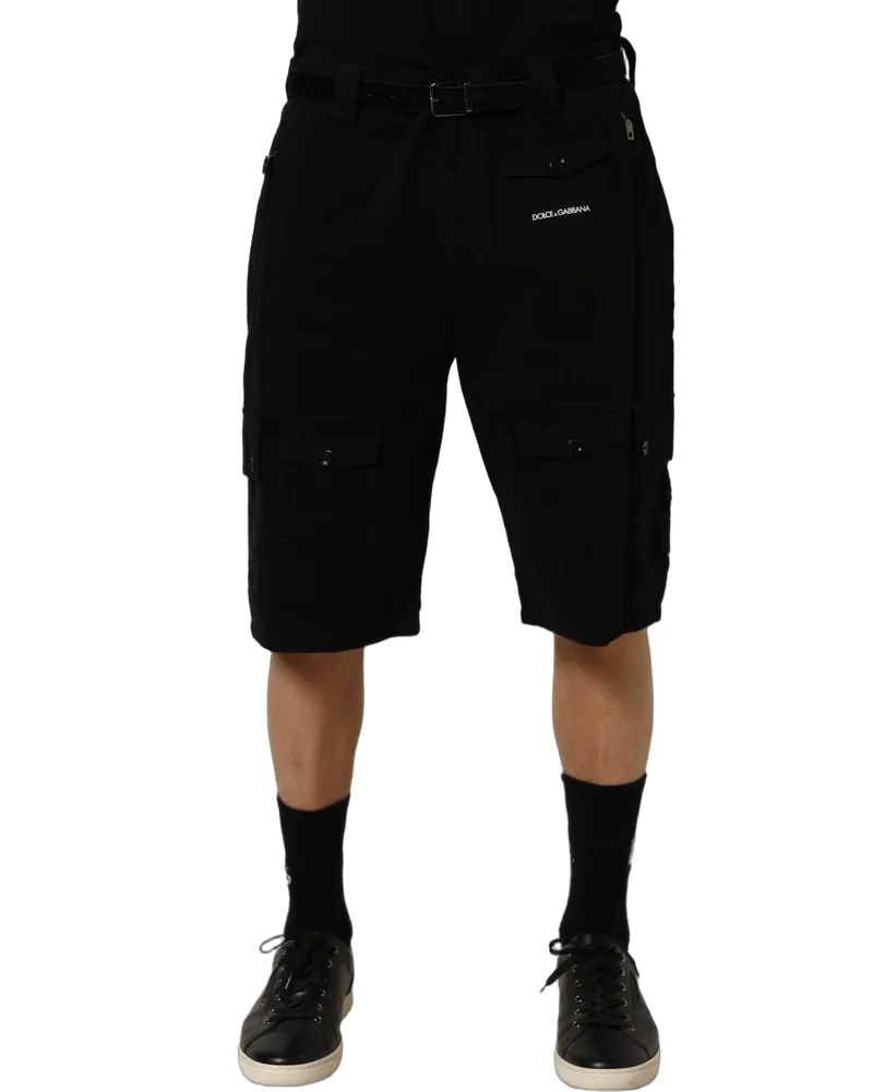 Dolce & Gabbana Black Cotton Mid Waist Men Cargo Shorts Elastane Black