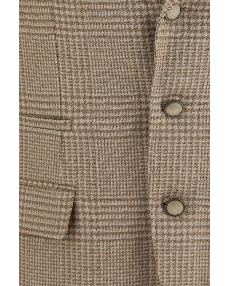 Brunello Cucinelli Men's Single Breasted Checked Blazer Camel Cotton Jacket Camel