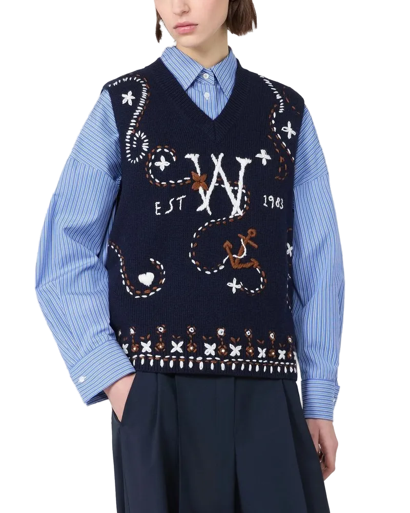 Max Mara Embroidered Virgin Wool Vest — Navy Navy