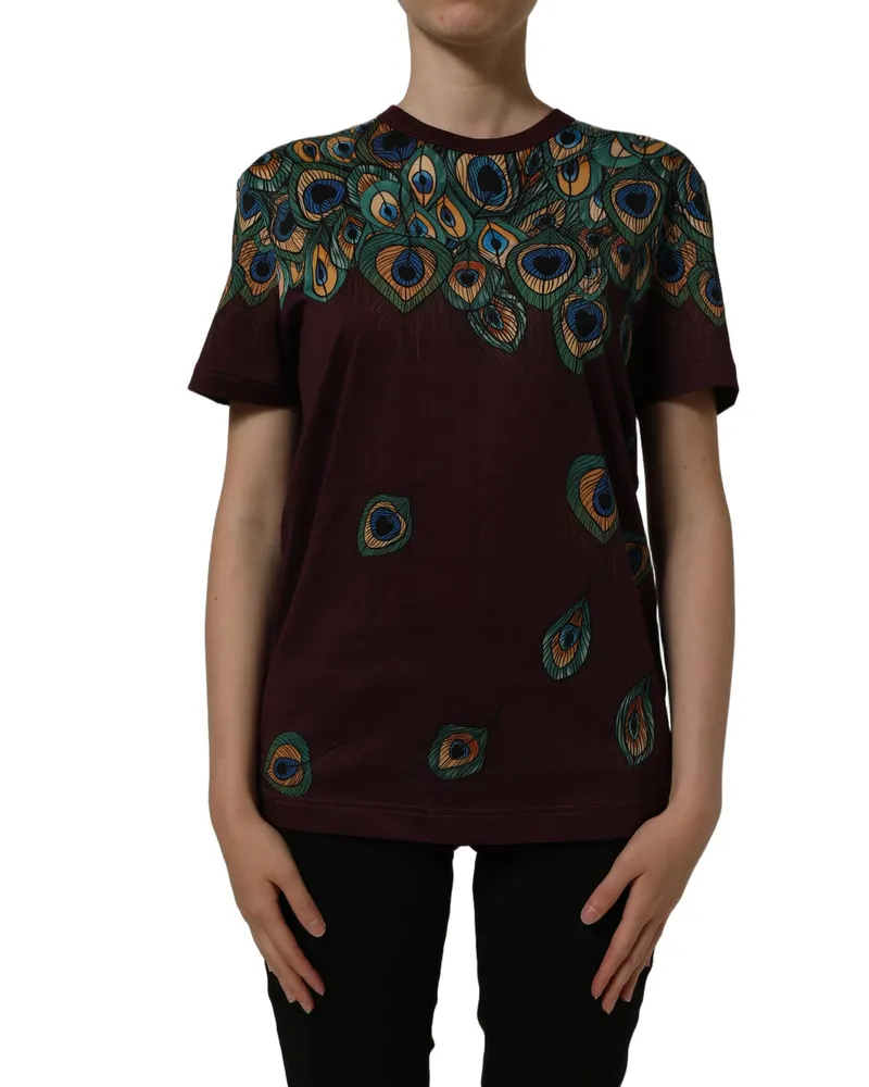 Dolce & Gabbana Women's Burgundy Peacock Feather Round Neck T-Shirt Cotton Multicolor