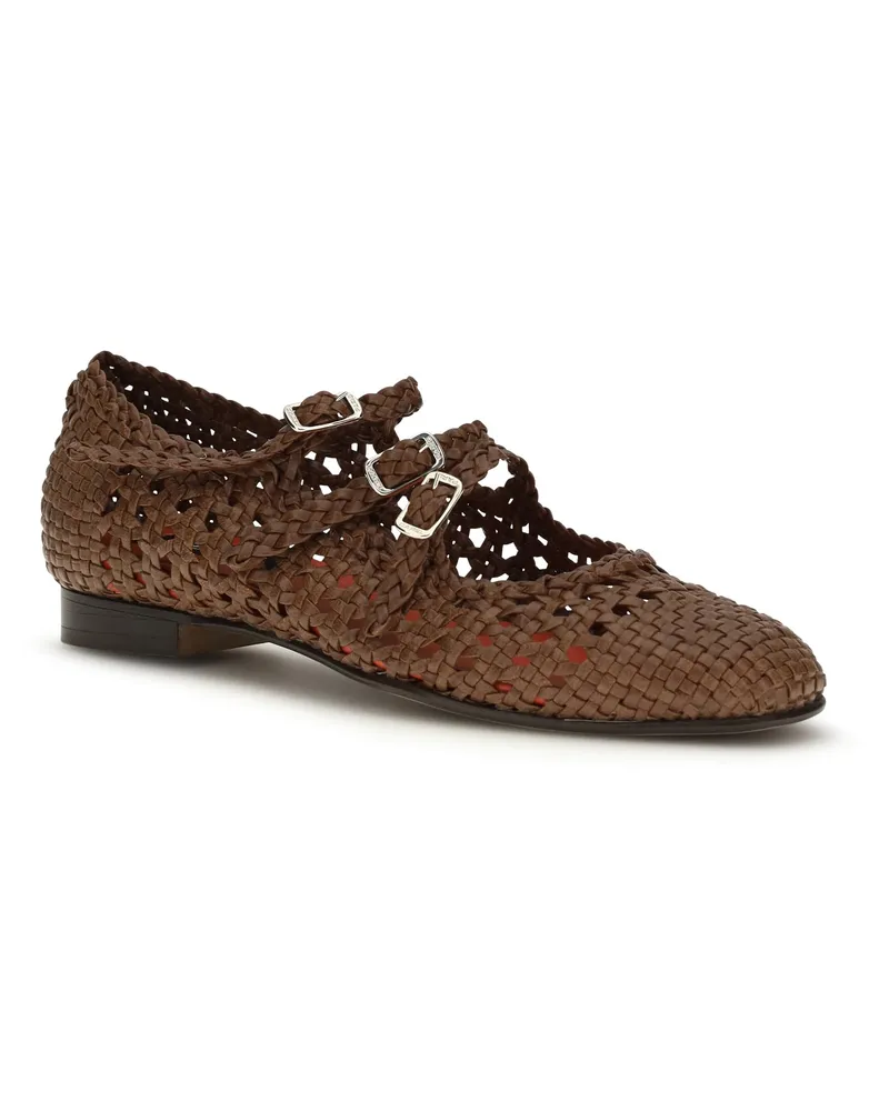Carel Women's Woven Leathe Mary Jane Ballerinas Cognac Flat Shoes Cognac