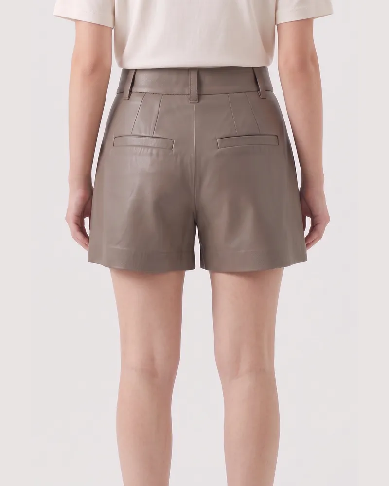 Brunello Cucinelli Pleated Leather Shorts — Taupe Taupe