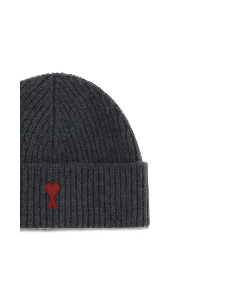 AMI Paris AMBFUHA116018084BB Merino Wool Ribbed Beanie — Gray Gray