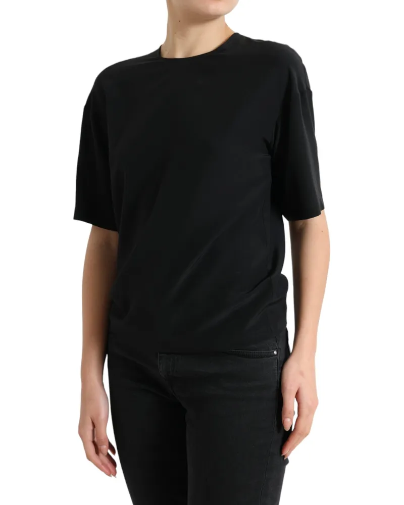Dolce & Gabbana Women Black Silk Round Neck Short Sleeve Blouse Top Elastane Black