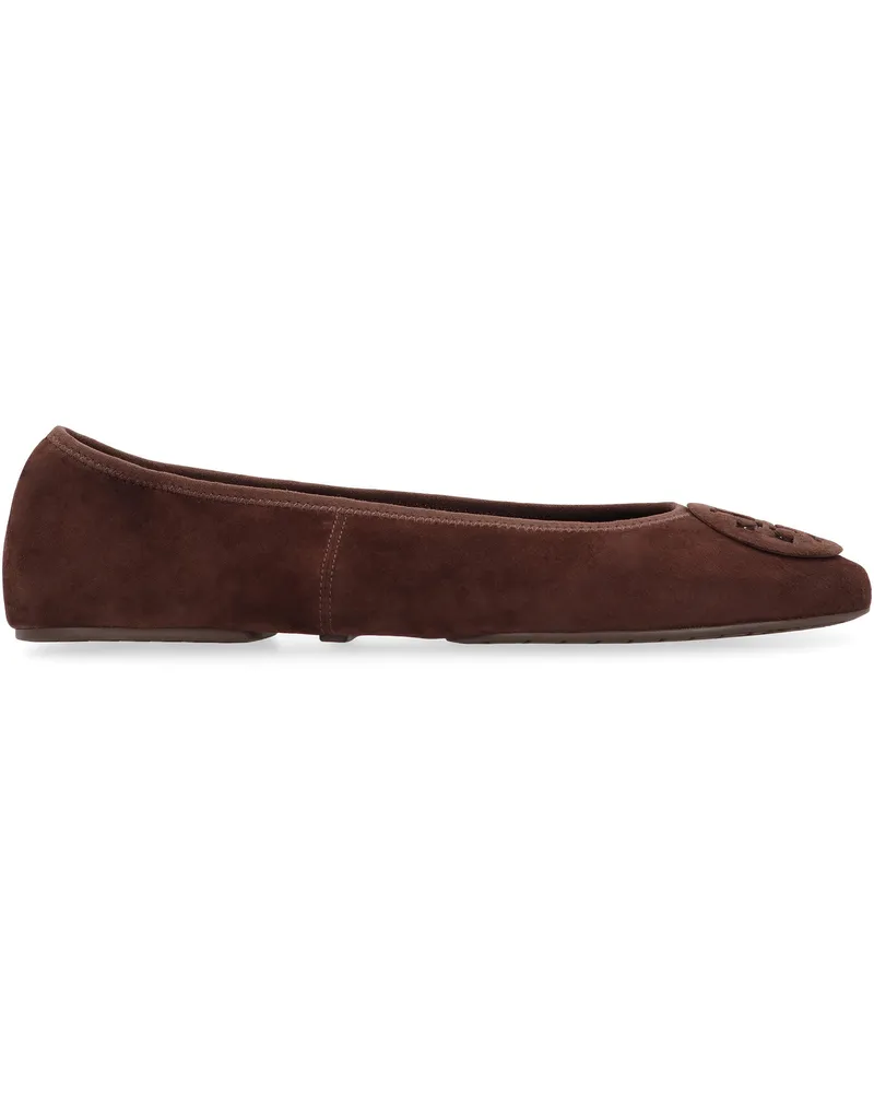 Tory Burch Women's Ballerina Flats Reva Suede Brown Leather Shoes Brown