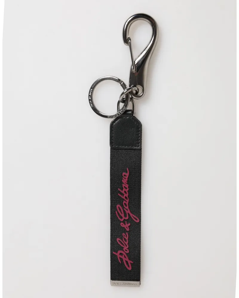 Dolce & Gabbana Black Burgundy Polyester Dg Logo Men Keychain Keyring Real Brass Calfskin Accessory Black