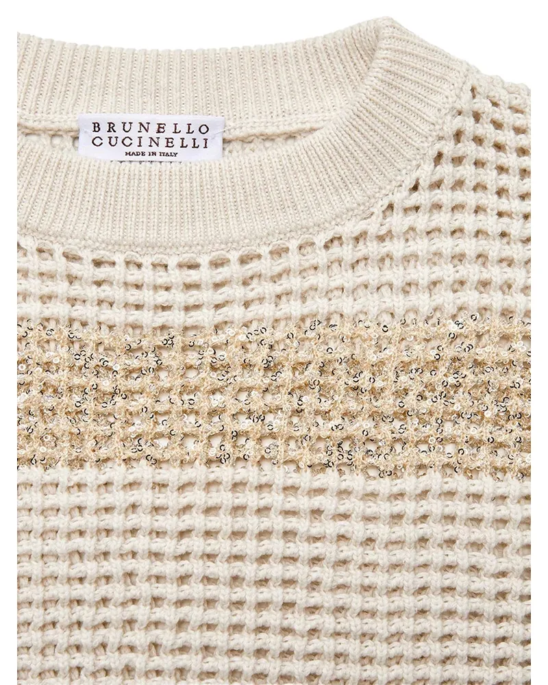 Brunello Cucinelli Lattice Knit Sequin Sweater — Beige Beige
