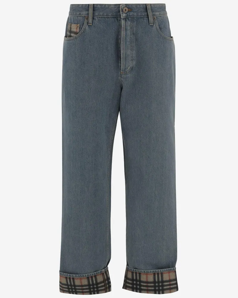 Burberry Men's Jeans Cotton Denim With Checked Cuffs Blue
