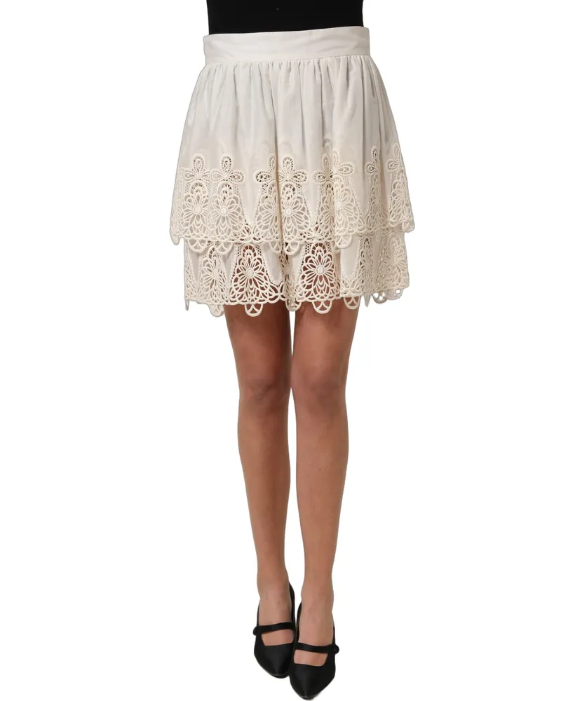 Dolce & Gabbana Women's White Floral Embroidered A-Line Mini Skirt Cotton Polyester White