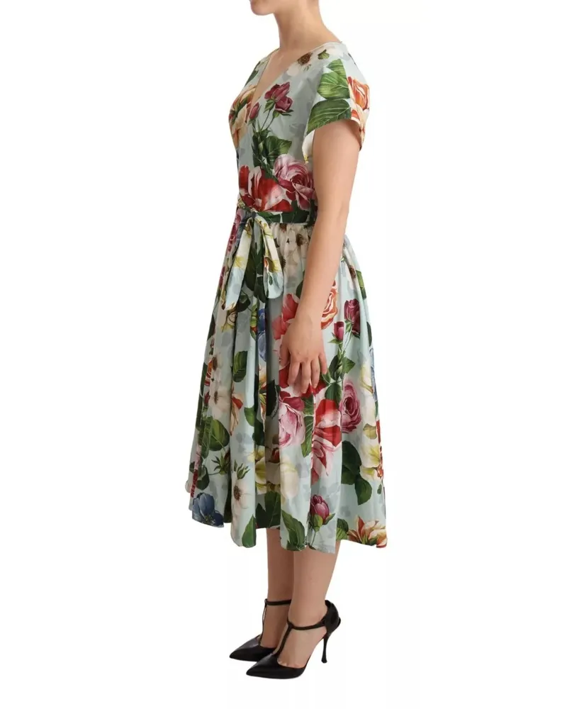 Dolce & Gabbana Women's Green Floral Short Sleeves Cotton V-Neck Dress Green