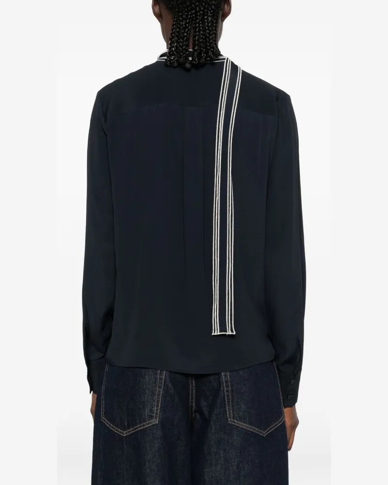 Fabiana Filippi Silk Blend with Striped Neck Tie Shirt — Navy Navy