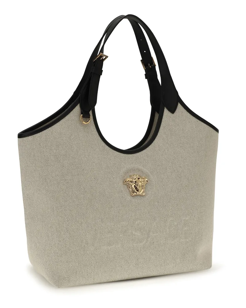 Versace Women's Tote Fabric Calf Leather Rope Black  Gold Cotton Shoulder Bags Beige