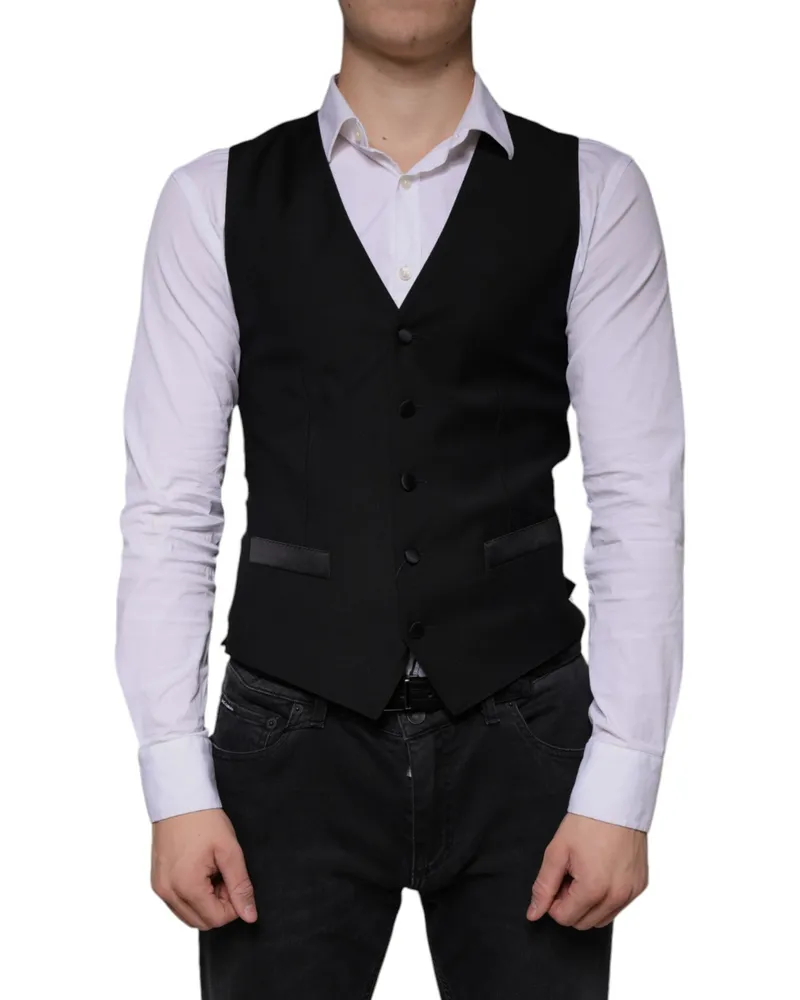 Dolce & Gabbana Men's Black Wool Waistcoat Dress Formal Vest Virgin Polyester Silk Black