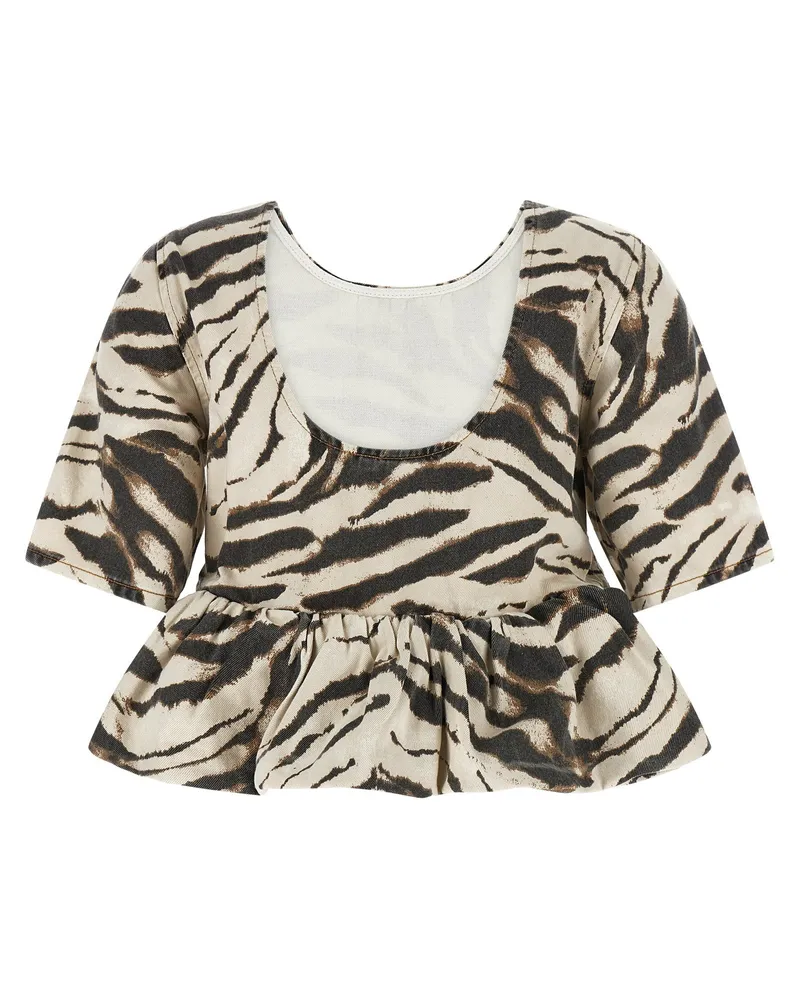 Ganni Zebra-Print Denim Blouse — Cream Cream