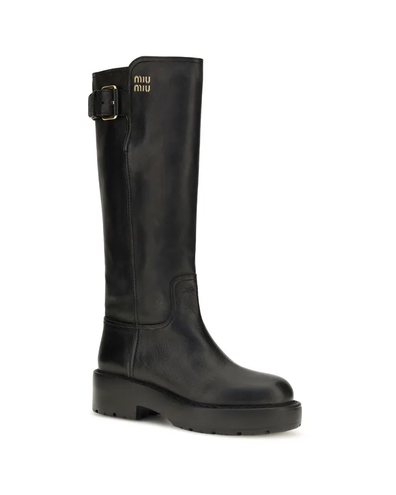 Miu Miu Women's Black Calf Leather Bos Taurus Flat Boots Black