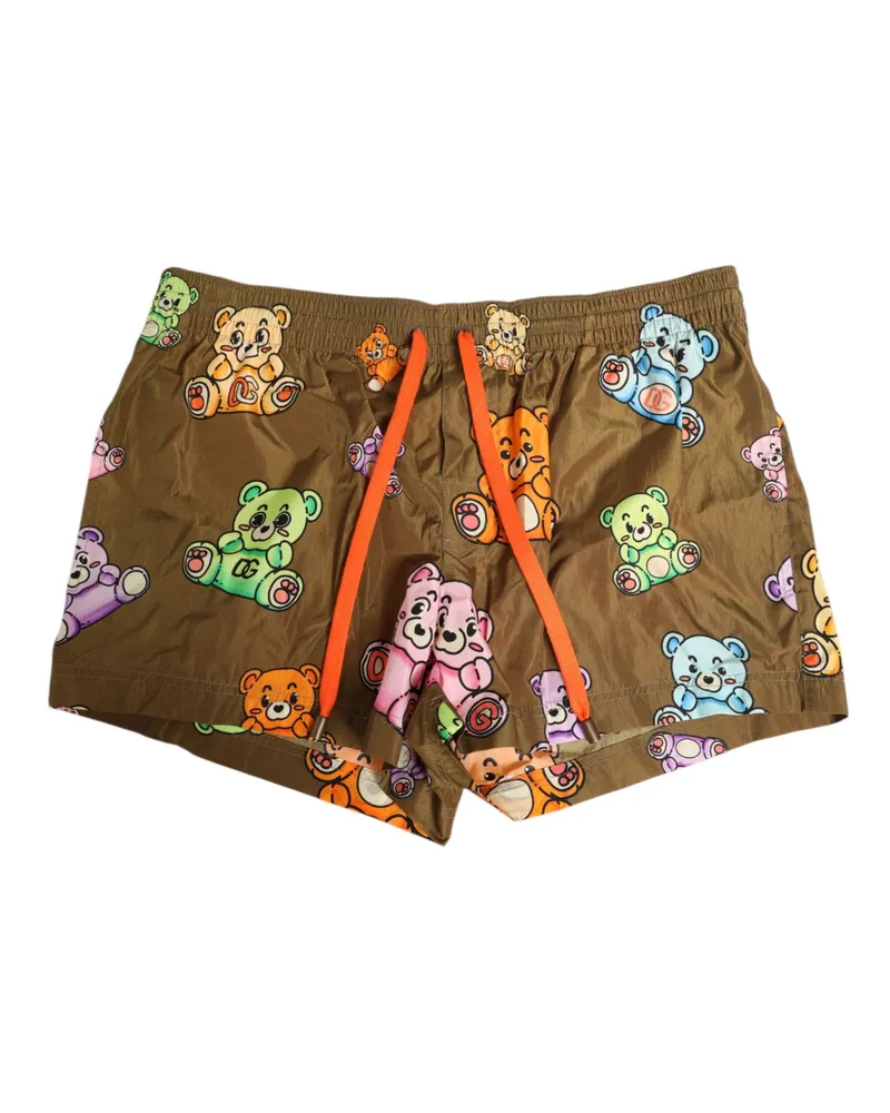 Dolce & Gabbana Brown Multicolor Teddy Bear Men Shorts Swimwear Polyester Brown