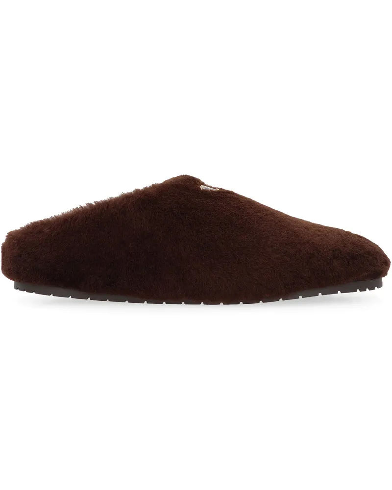 Prada Women's Sheepskin Mules Dark Brown Lamb Slippers Flat Shoes Brown