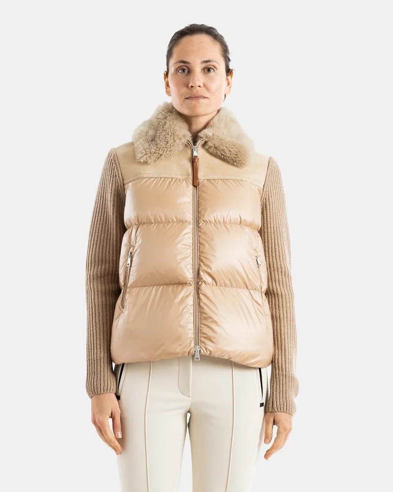 Moncler Women's Hybrid Quilted Shearling Collar Cardigan Beige Jacket Beige