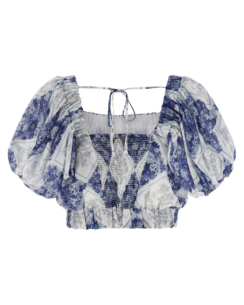 Twin-Set Floral Lozenge-Print Ramie Blouse — Blue Blue