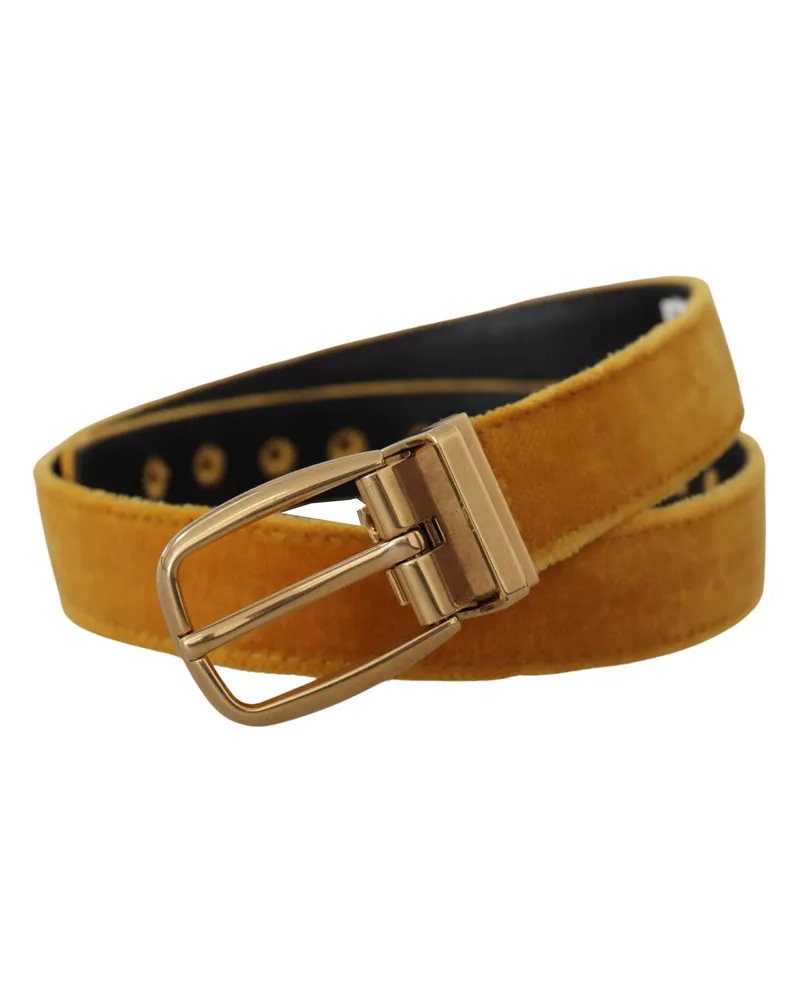 Dolce & Gabbana Women's Mustard Velvet Gold Logo Engraved Metal Buckle Belt Gold