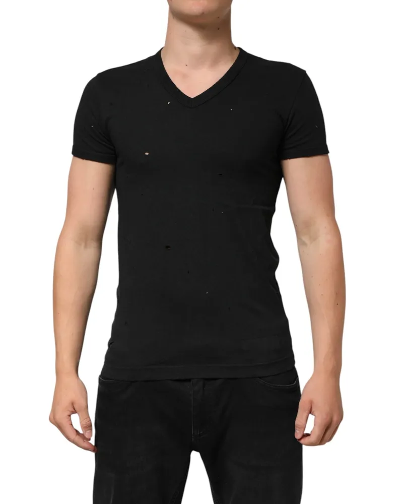Dolce & Gabbana Black Cotton Tattered Logo V-Neck Men T-Shirt Black