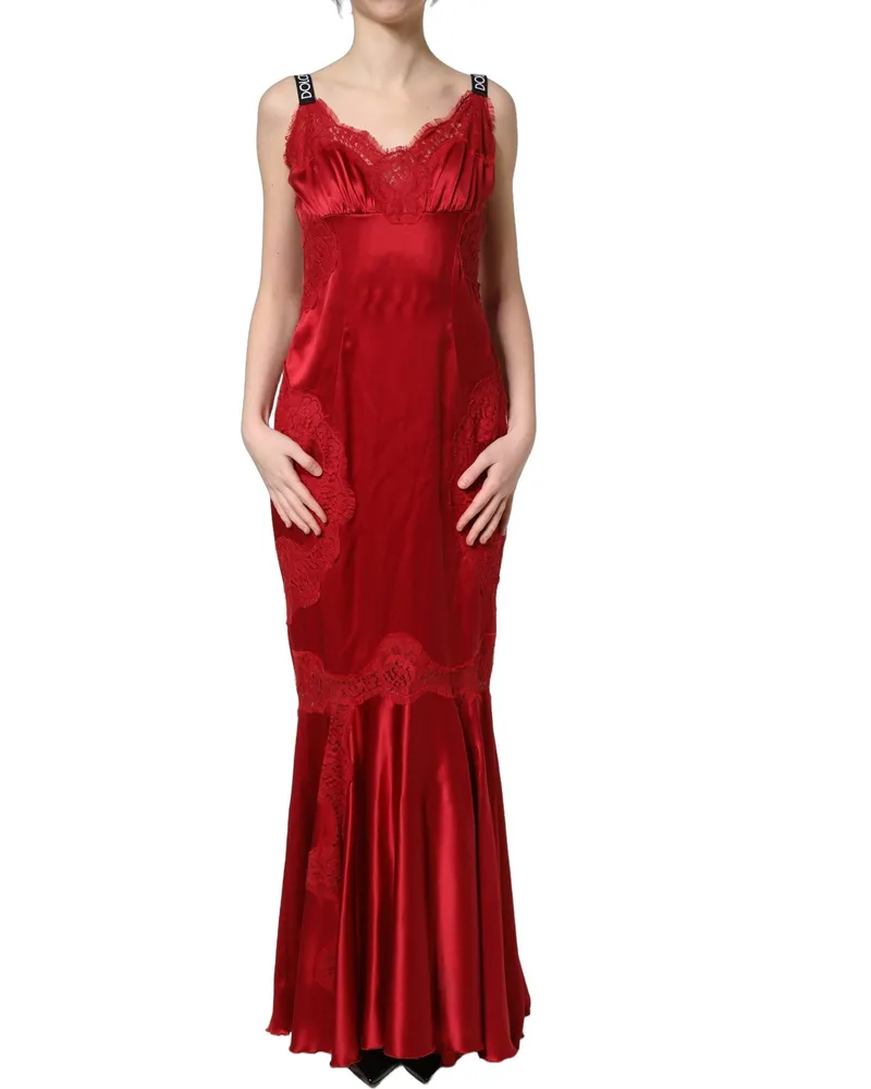 Dolce & Gabbana Women Red Silk Sleeveless Maxi Long Lace Trim Dress Cotton Elastane Nylon Red