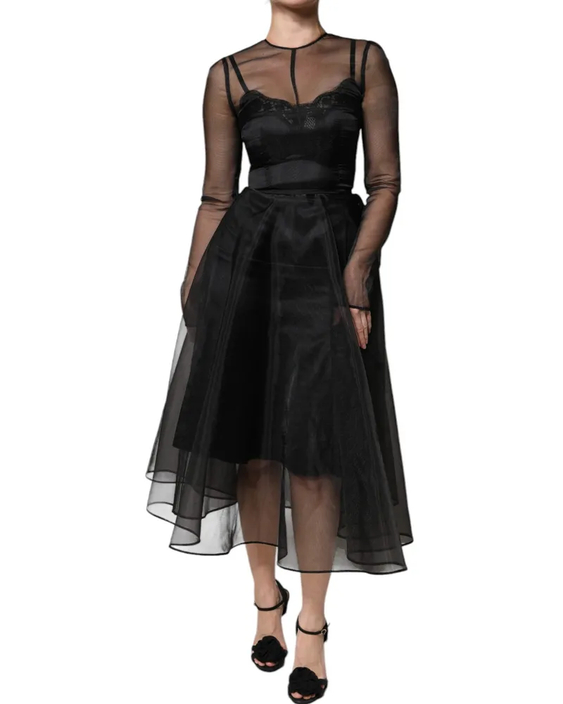 Dolce & Gabbana Women Sheer Tulle A-Line Midi Dress Black Nylon Polyester Black