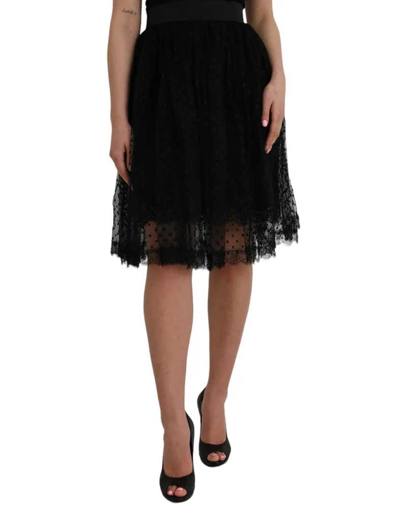 Dolce & Gabbana Women's Black Nylon Lace Trim High Waist A-Line Skirt Cotton Viscose Black