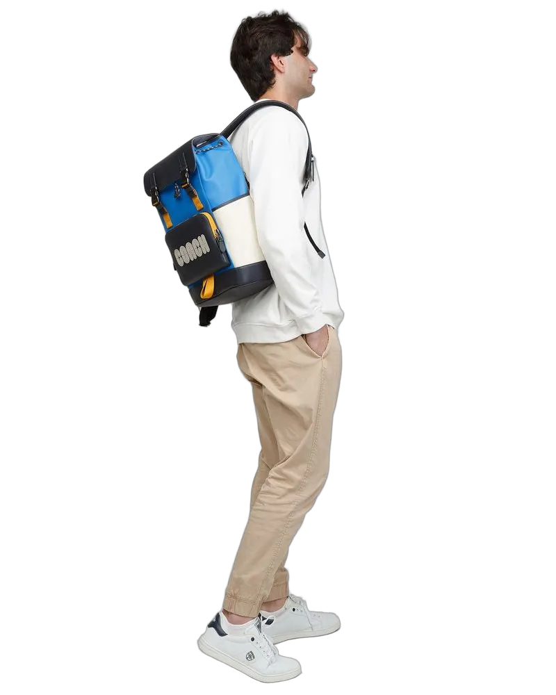 Coach Unisex Backpack Yellow-Bright Blue-Chalk-Beige Coated Canvas Leather Multicolor