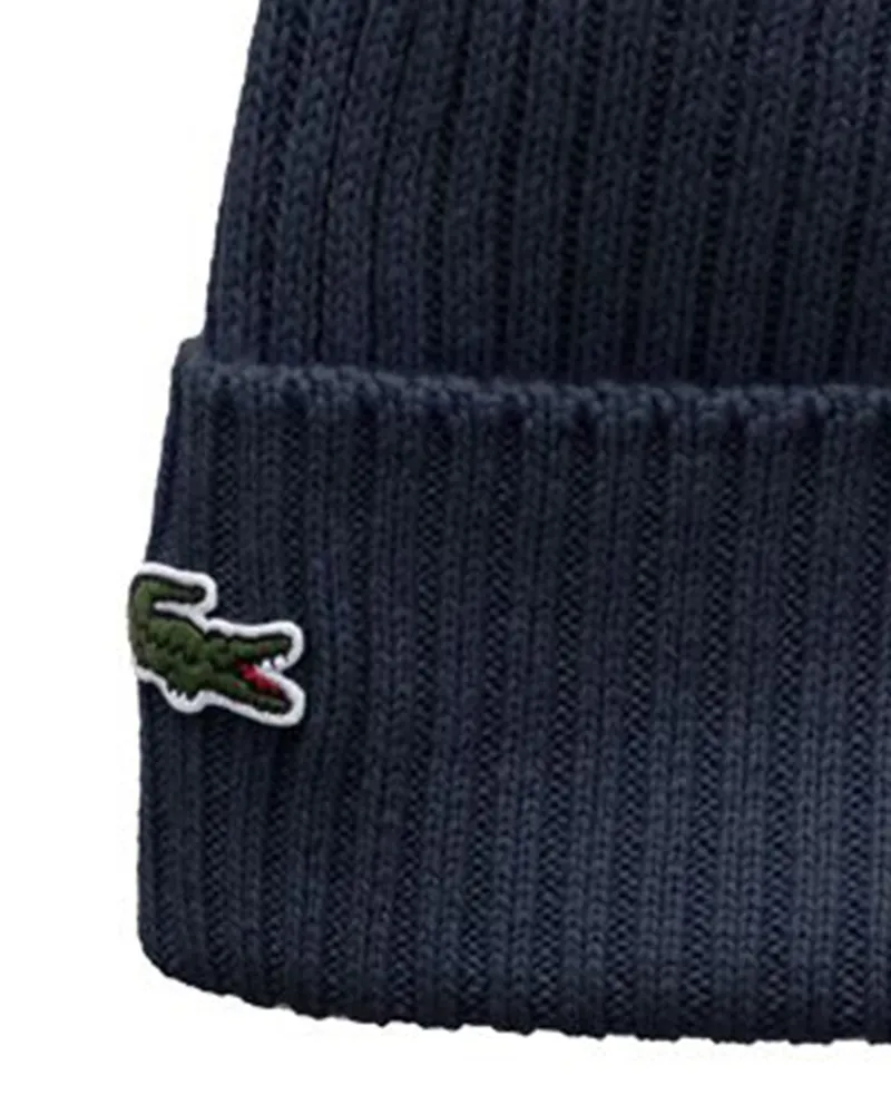 Lacoste Men's Ribbed Wool Beanie Navy Blue Hat Navy