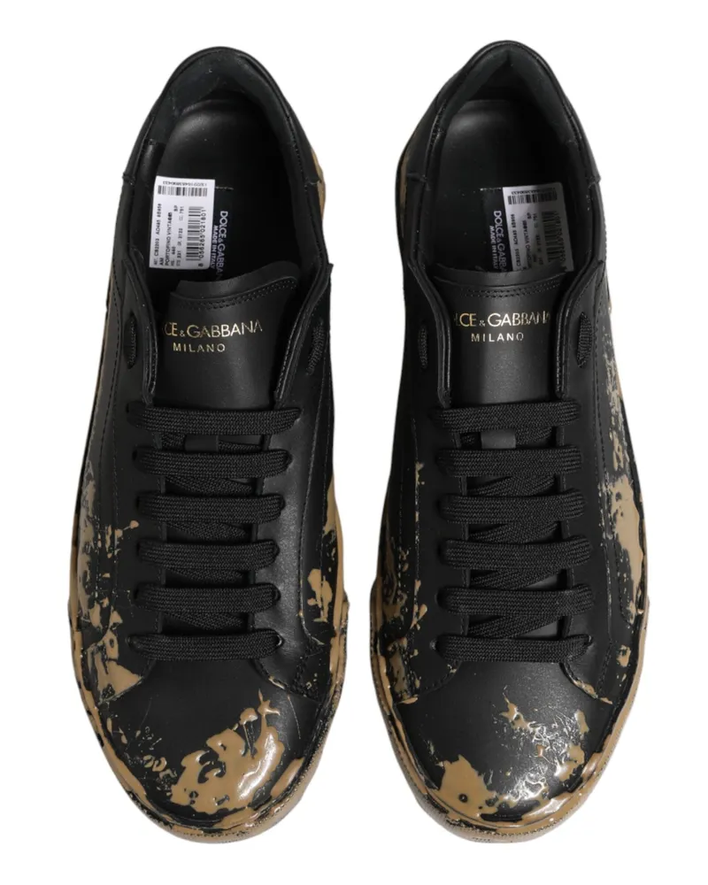 Dolce & Gabbana Men's Black Portofino Mud Effect Low Top Sneakers Shoes And Brown Leather Black