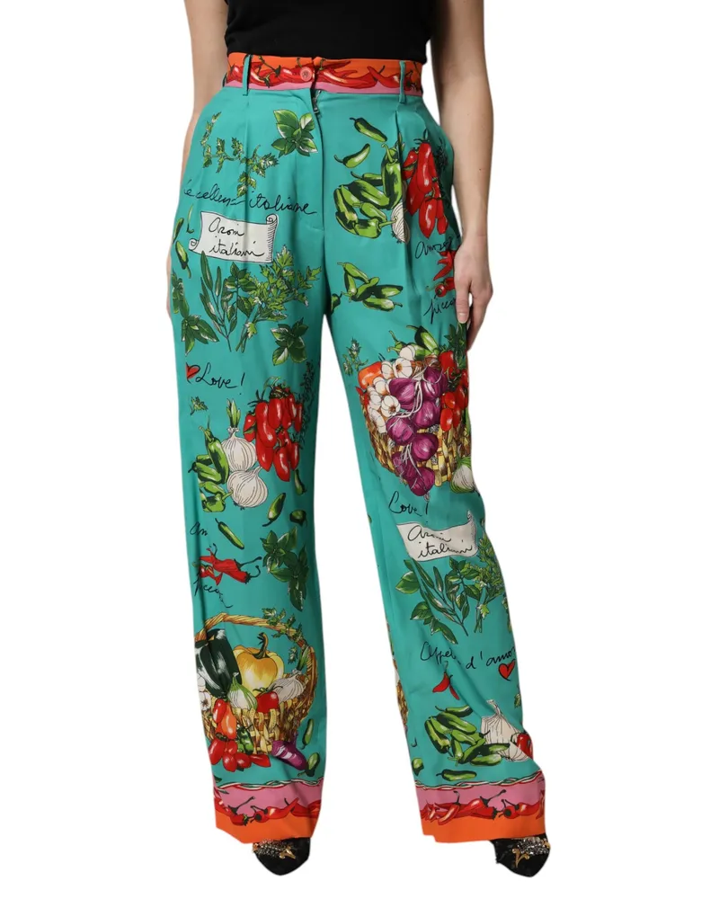 Dolce & Gabbana Women's Green Silk Printed Straight Pants Elastane Green