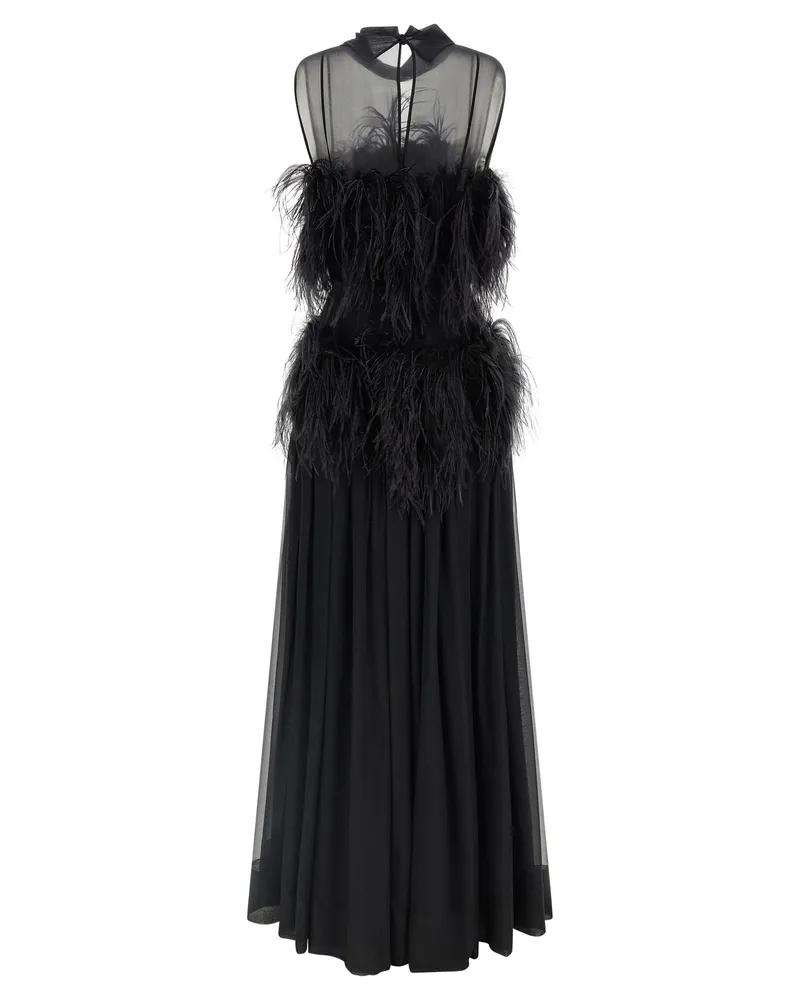 Alberta Ferretti Feather-Trimmed Chiffon Dress — Black Black