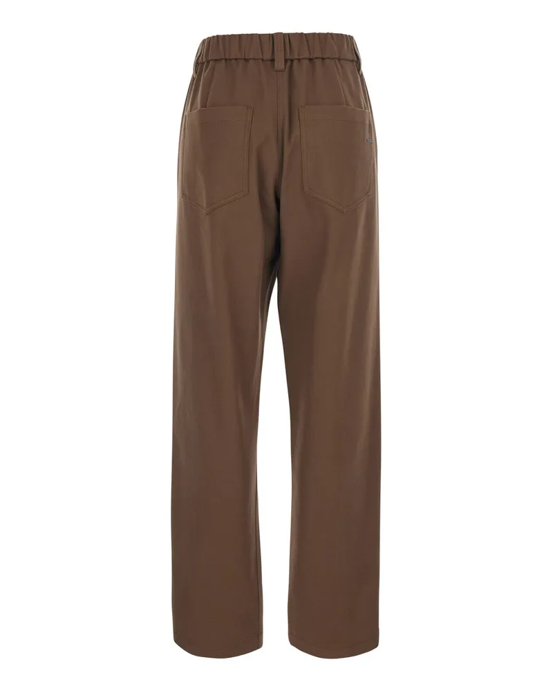 Brunello Cucinelli Monile-Embroidered Stretch Cotton Trousers — Brown Brown