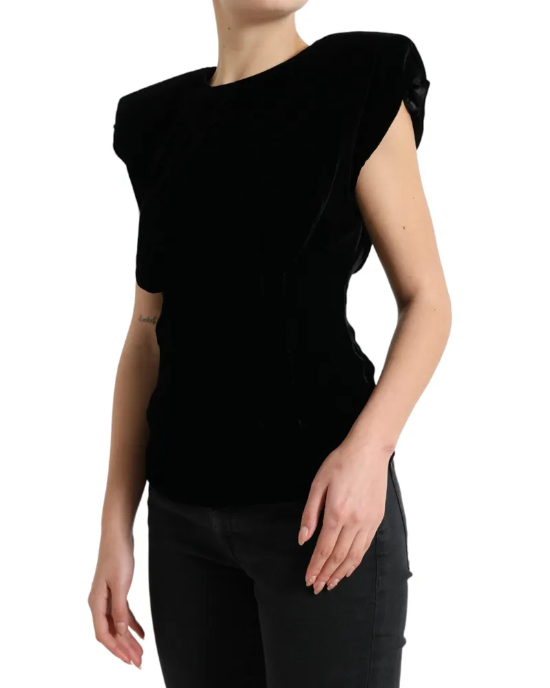 Dolce & Gabbana Women Black Velvet Fitted Padded Shoulder Blouse Top Viscose Silk Black