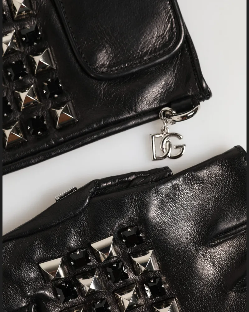 Dolce & Gabbana Black Leather Studded Fingerless Hand Mitten Men Gloves Lamb Black