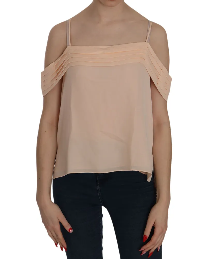 Alexander Wang Women's Orange Off Shoulder Strap Square Neck Top Blouse Silk Peach