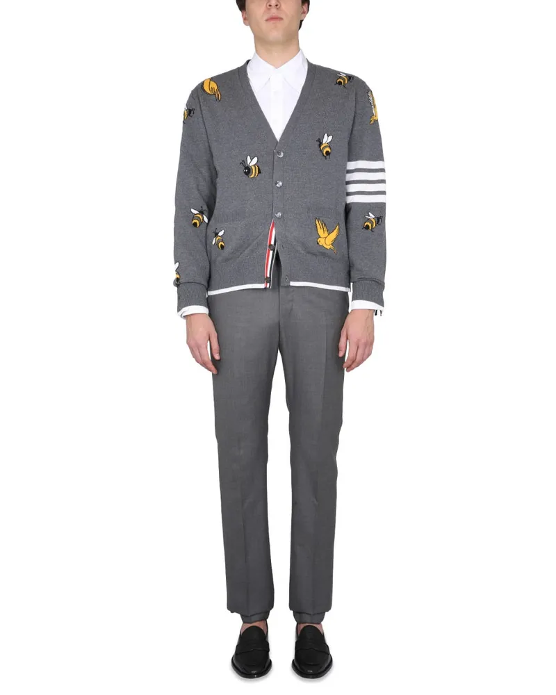 Thom Browne Birds and Bees Inlay Wool Cardigan — Gray Gray