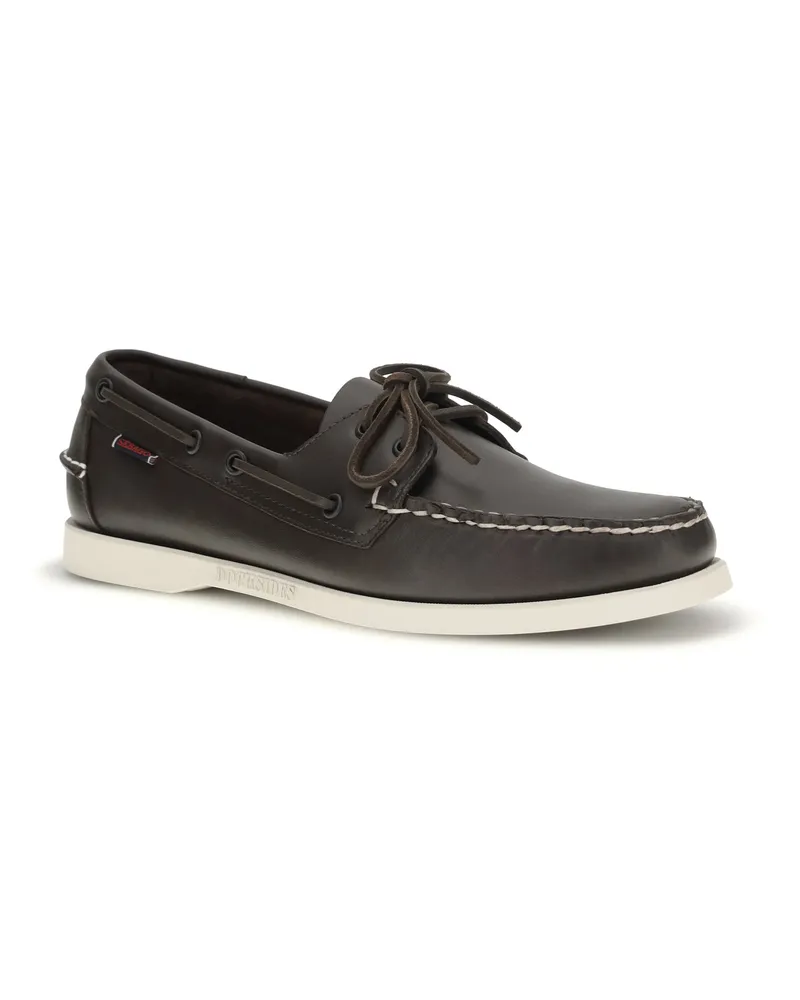 Sebago Men's Loafers Docksides Portland Dark Brown Calf Leather Lace-Up Shoes Flat Brown