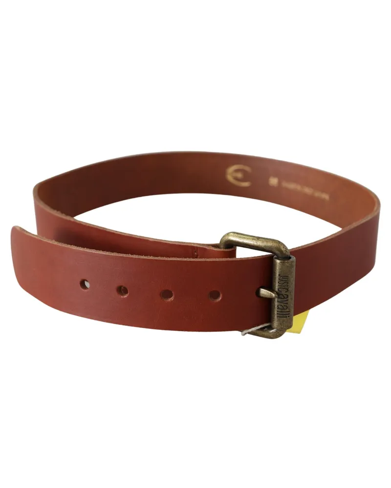 Just Cavalli Women's Brown Leather Logo Bronze Rustic Metal Buckle Belt Brown