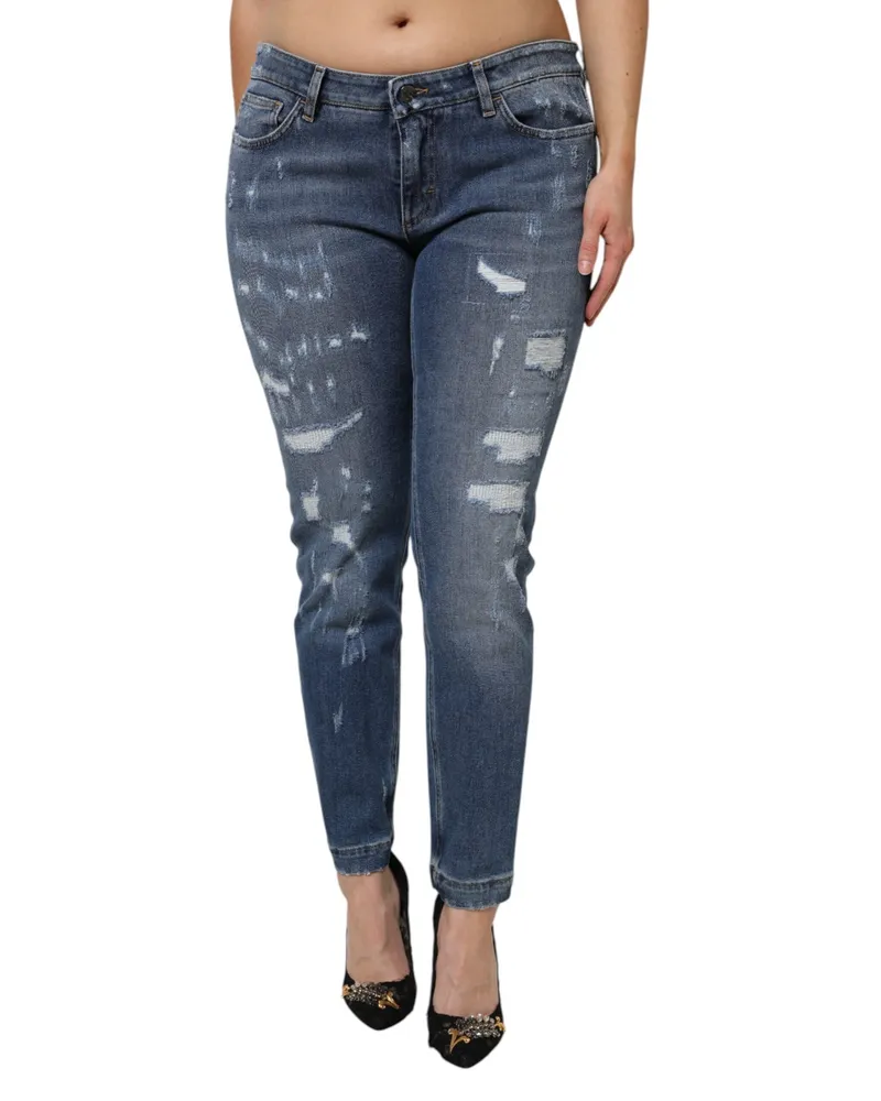 Dolce & Gabbana Women's Blue Tattered Cotton Low Waist Denim Jeans Clothing Blue