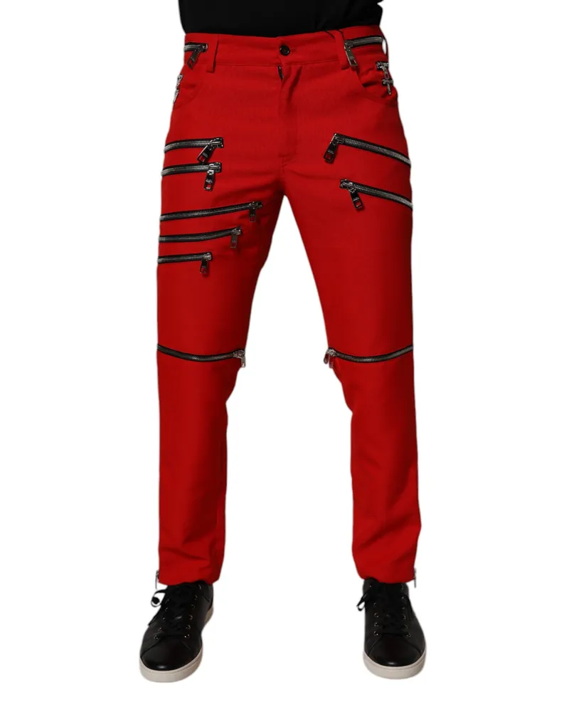 Dolce & Gabbana Men's Red Zipper Embellished Straight Pants Polyester Red