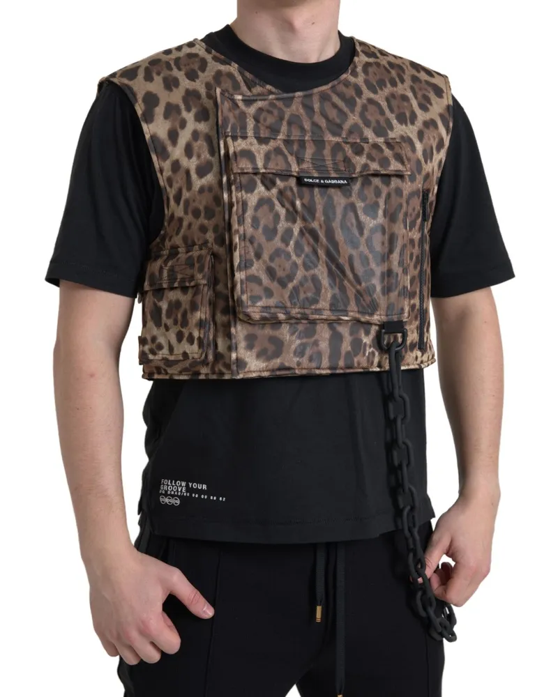 Dolce & Gabbana Men's Brown Leopard Silk Sleeveless Sportswear Clothing Brown
