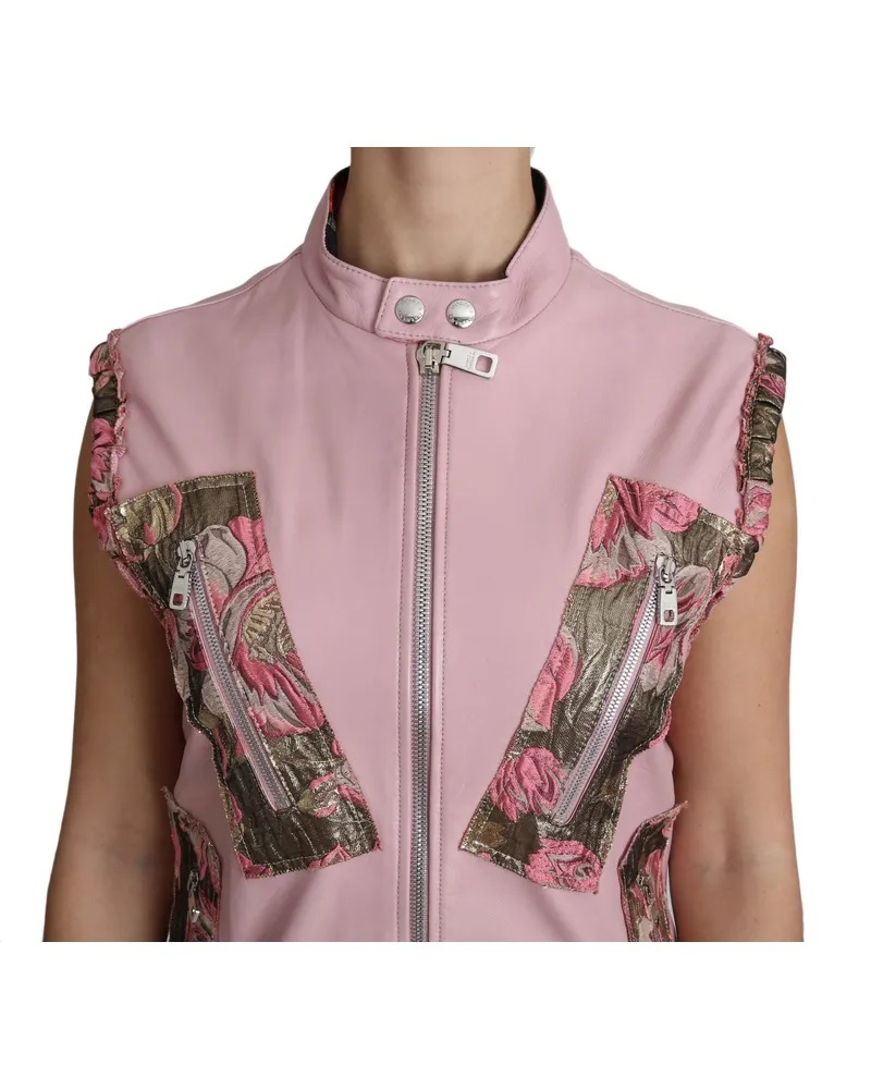 Dolce & Gabbana Women's Pink Zippered Lamb Sleeveless Vest Leather Jacket Polyester Cotton Nylon Clothing Pink
