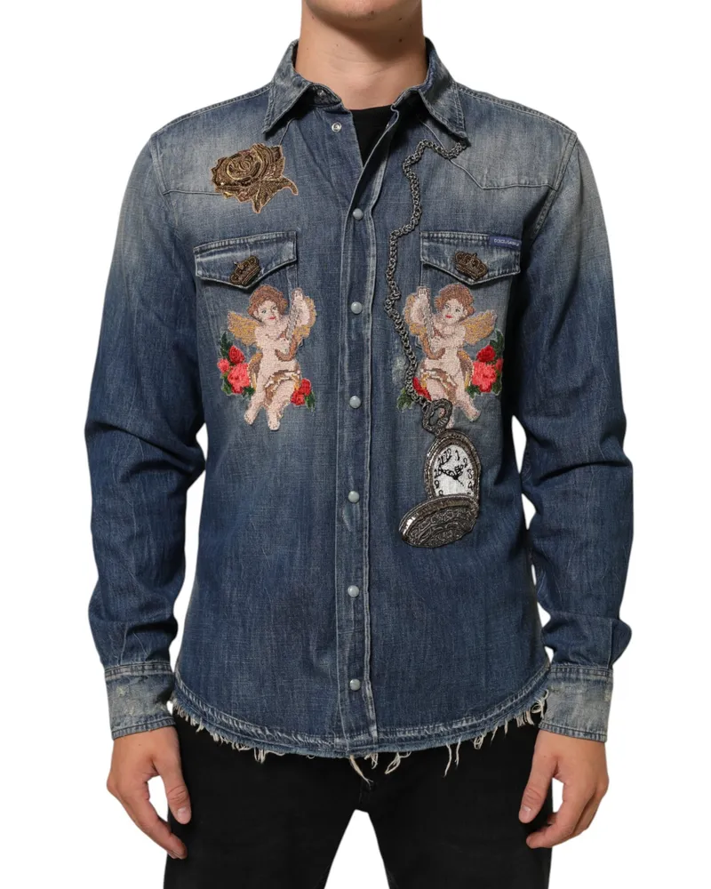 Dolce & Gabbana Blue Angel Patch Denim Buttoned Down Men Shirt Blue